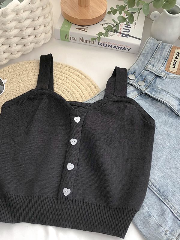 2022 Summer Plain Women Button Up Crop Tops Cute Knitted Soft Beach Outwear Tank Off-The-Shoulder Suspenders For Women alx