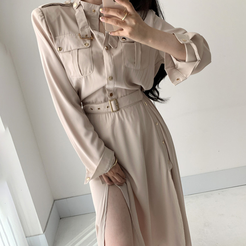 Vintage Cargo Dress Woman With Belt High Waist Single-breasted Vestidos Woman Clothing Korean Chic OL Black Maxi Dresses Female alx