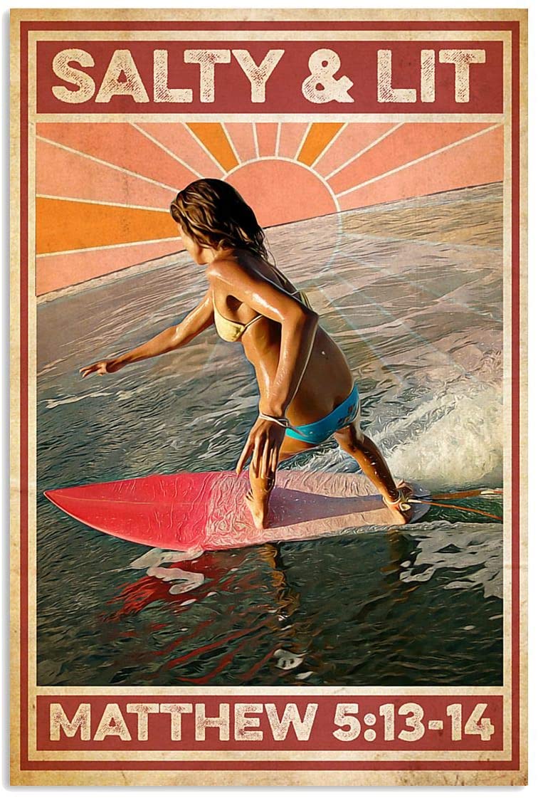 Vintage Girl Surfing Salty And Lit Poster Art Print      Home Decor Gift For Men Women Family Friend On Birthday Xmas