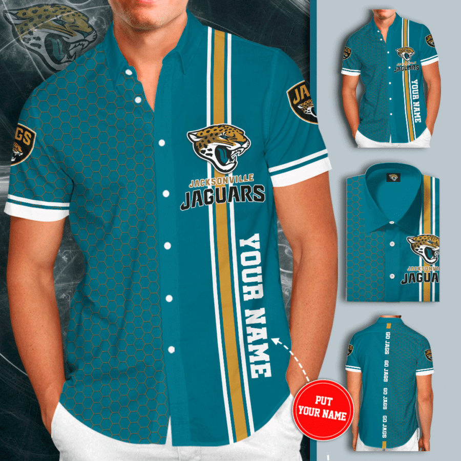 Personalized Jacksonville Jaguars Go Jags All Over Print 3D Tiling Short Sleeve Dress Shirt Hawaiian Summer Aloha Beach Shirt – Teal