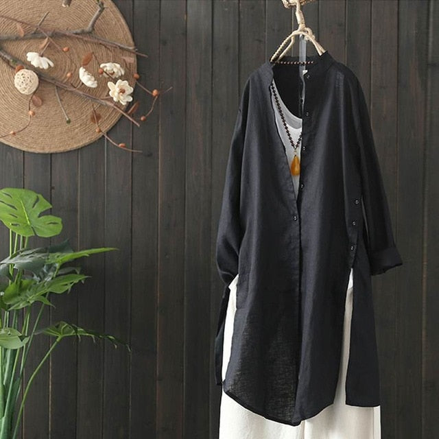 Casual Lapel Long Sleeve Vintage Cotton Linen Loose  Blouse