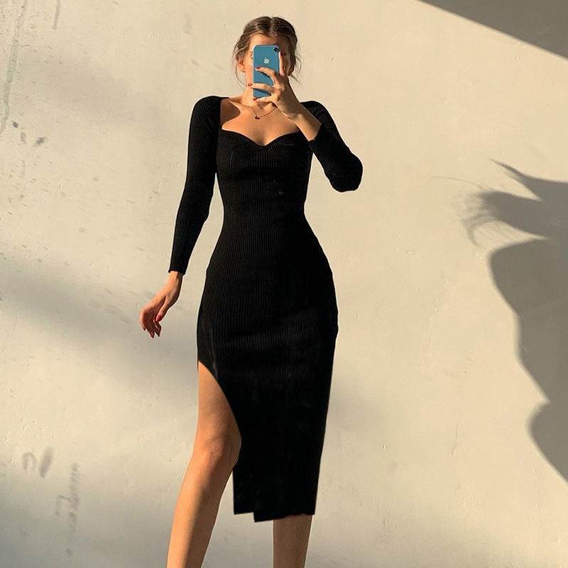 Spring and Autumn Knitted Dress Women’s Fashion Inner Split High Waist Solid Color Slim Dress Woman Dress Undefined Vestidos2022 alx