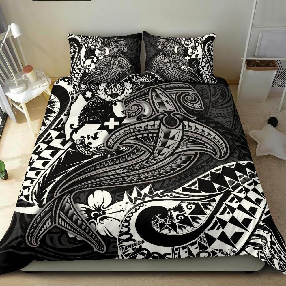 Alohawaii Bedding Set – Cover And Pillow Cases Tonga – White Shark Polynesian Tattoo – Bn18