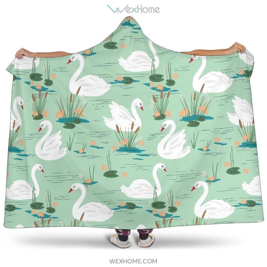 White Swan Lake Pattern Hooded Blanket