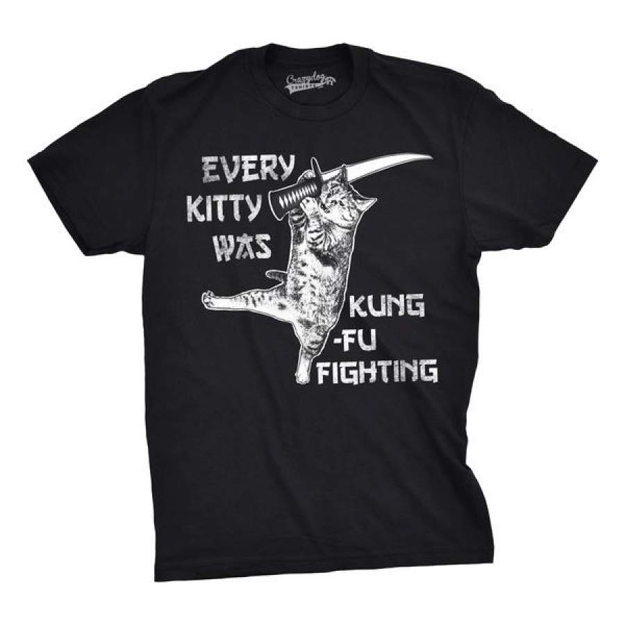 Mens Every Was Kung Fu Fighting Funny Kitten Cat Sword Music T Shirt