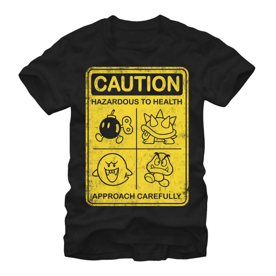 Super Mario Brothers Caution Mens T Shirt Black