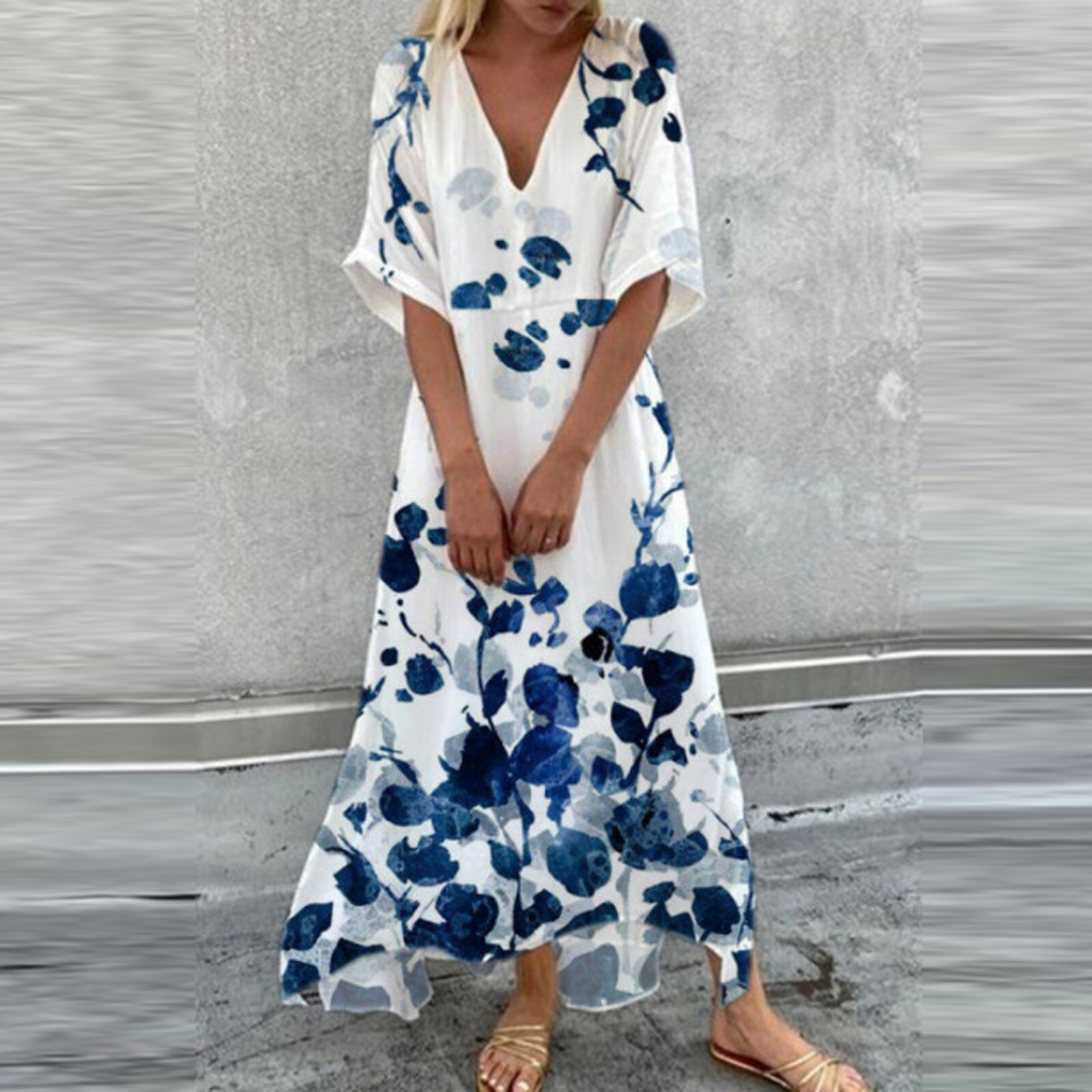 Summer Dresses 2022 Women Floral Print Beach Dress V Neck Short Sleeve Dress Plus Size Long Dresses Luxury Vestidos Maxi alx