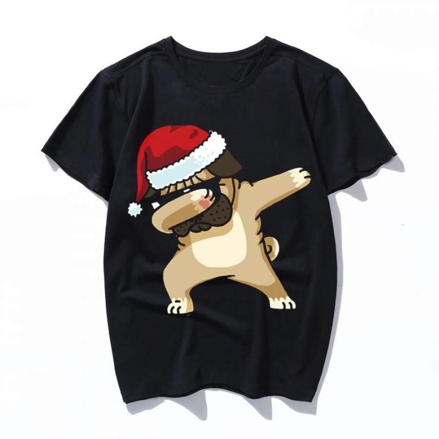 Dabbing Pug Shirt Cute Pug Dab Shirt Christma T-Shirt Korean Vintage Black Streetwear Letter Shirt Printing Series Top Clothes Cotton Stranger Things