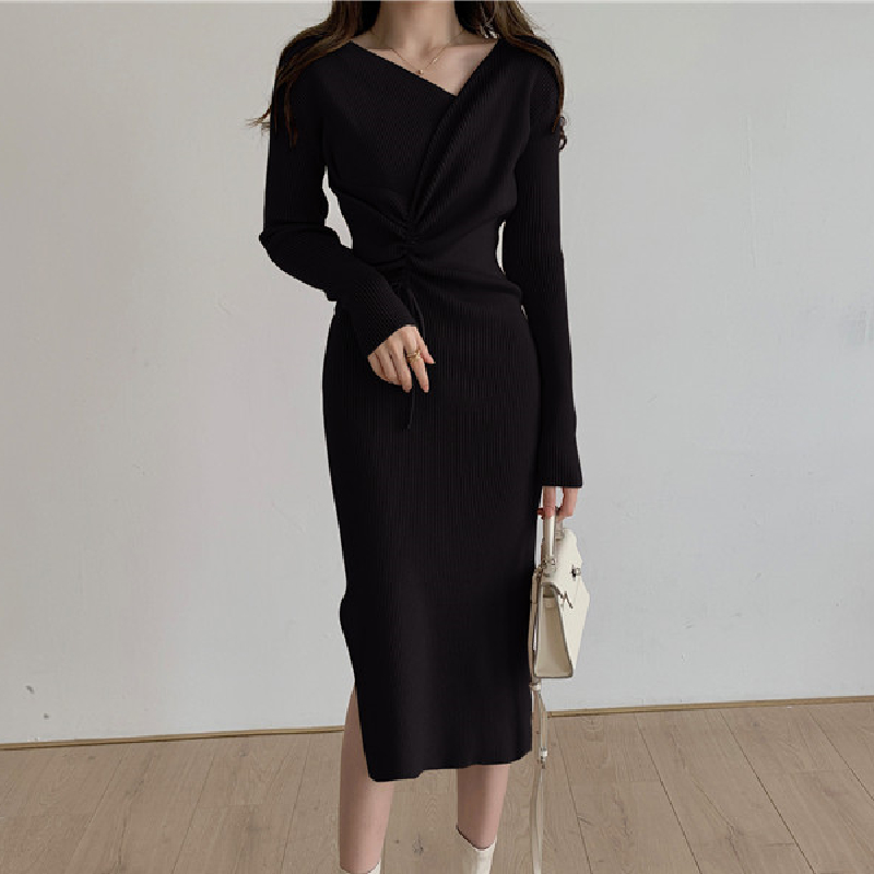 Autumn Women V-Neck Dress Casual Slim Drawstring Knitted Dresses Ladies Solid Pullover Long Sleeve Vestidos Female alx