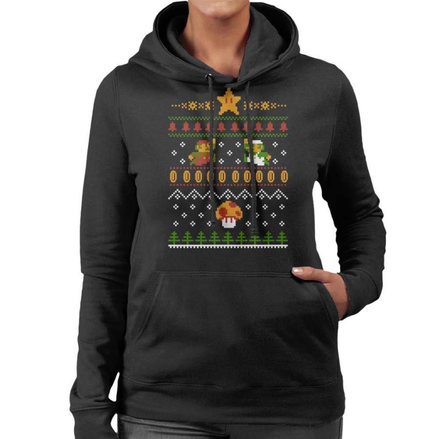 Super Mario Christmas Knit Pattern Women’s Hooded Sweatshirt