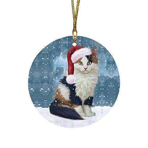 Let It Snow Christmas Holiday Calico Kitten Cat Wearing Santa Hat Round Ornament D276