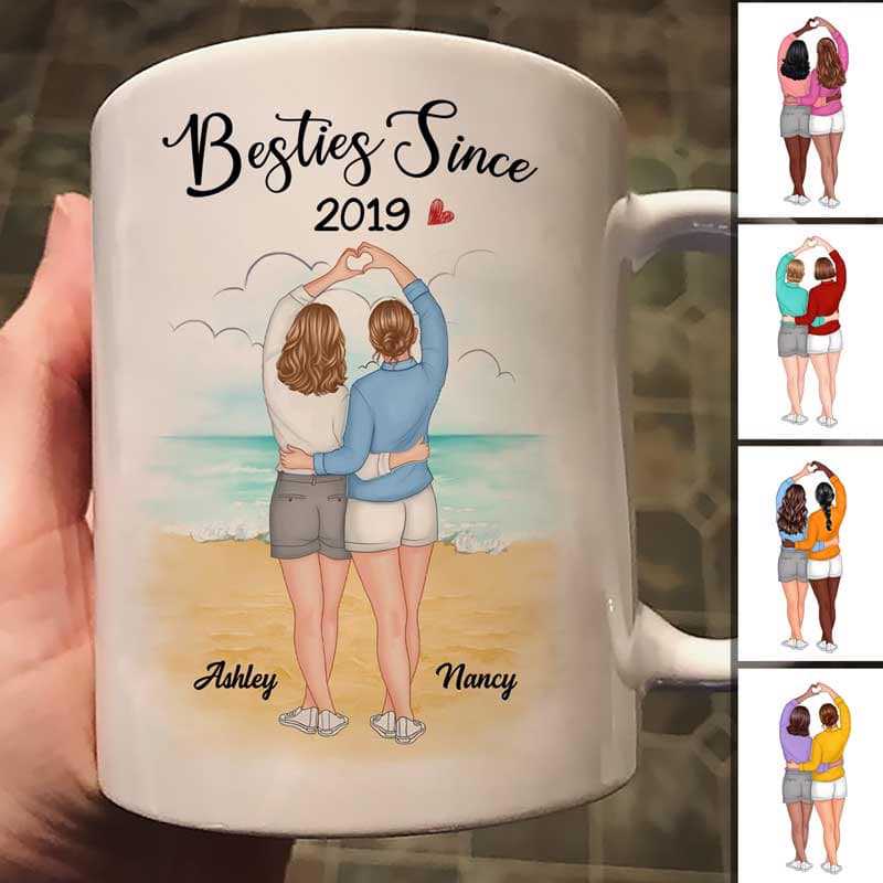 Besties Best Friends Heart Hands Standing On The Beach Personalized Mug