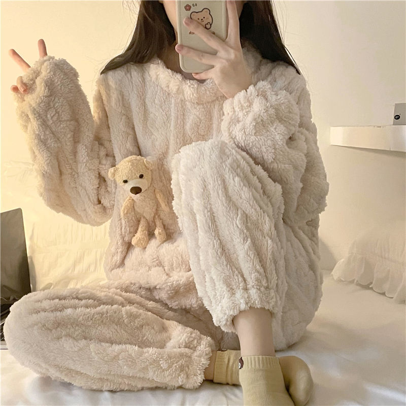 Winter Women Flannel Pajama Sets Cute Round Neck Sleepwear Long Sleeve Coral Velvet Comfortable Loose Lounge Wear Sweet Cartoon alx