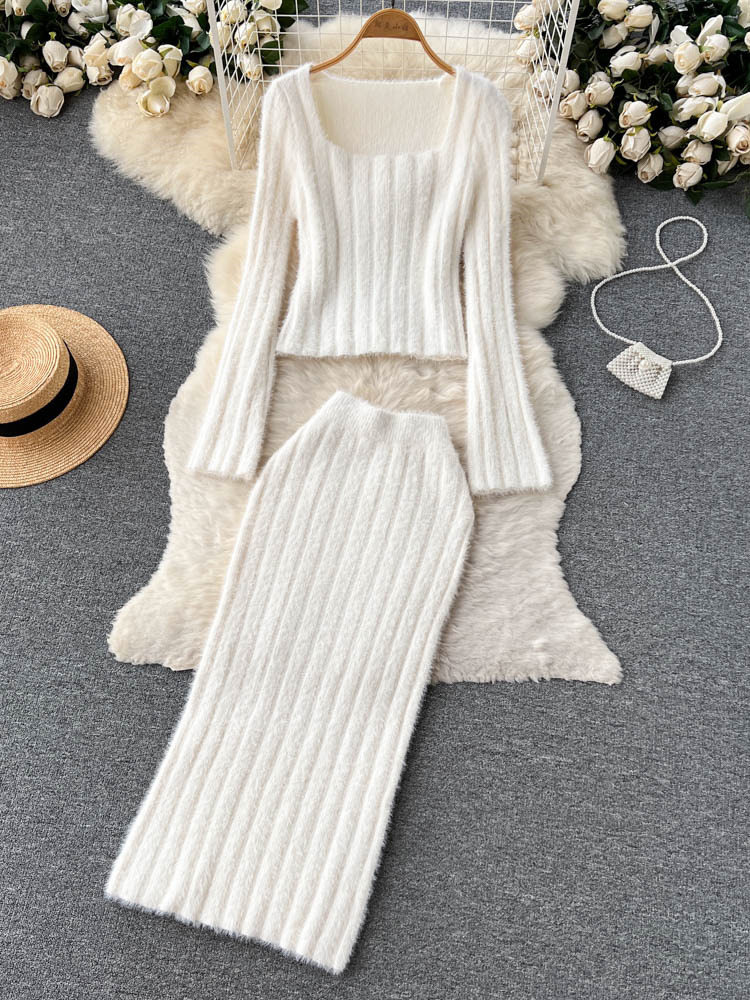 Autumn Winter Sweater Two Pieces Sets Long Sleeve Knit Top + Elastic Bodycon Midi Skirt Set Women Knitted Two Pieces Suits alx