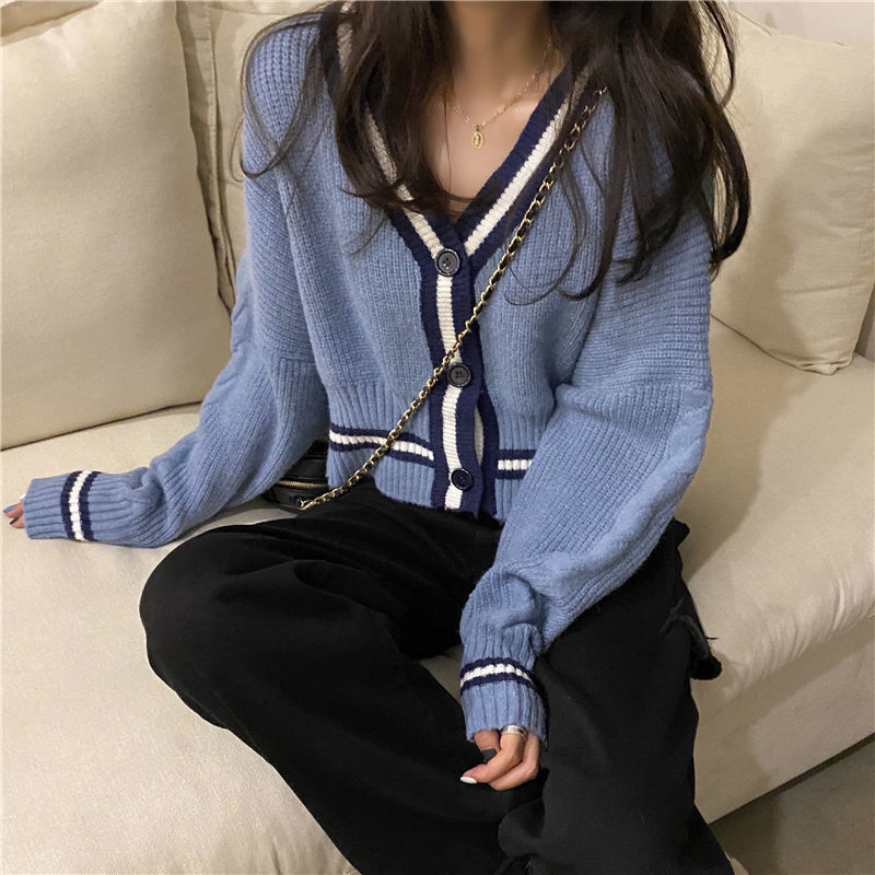 Cropped Cardigan Women Striped V-neck Fashion Spring Autumn Outwear Chic Fashion Elegant Feminine Long Sleeve Sweater Knitting alx