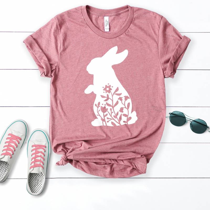 Crushtee Easter Bunny Shirt, Easter Shirt, Easter Bunny Graphic Tee, Easter Shirts for Women,Floral Bunny Shirt Long Sleeve Hoodie