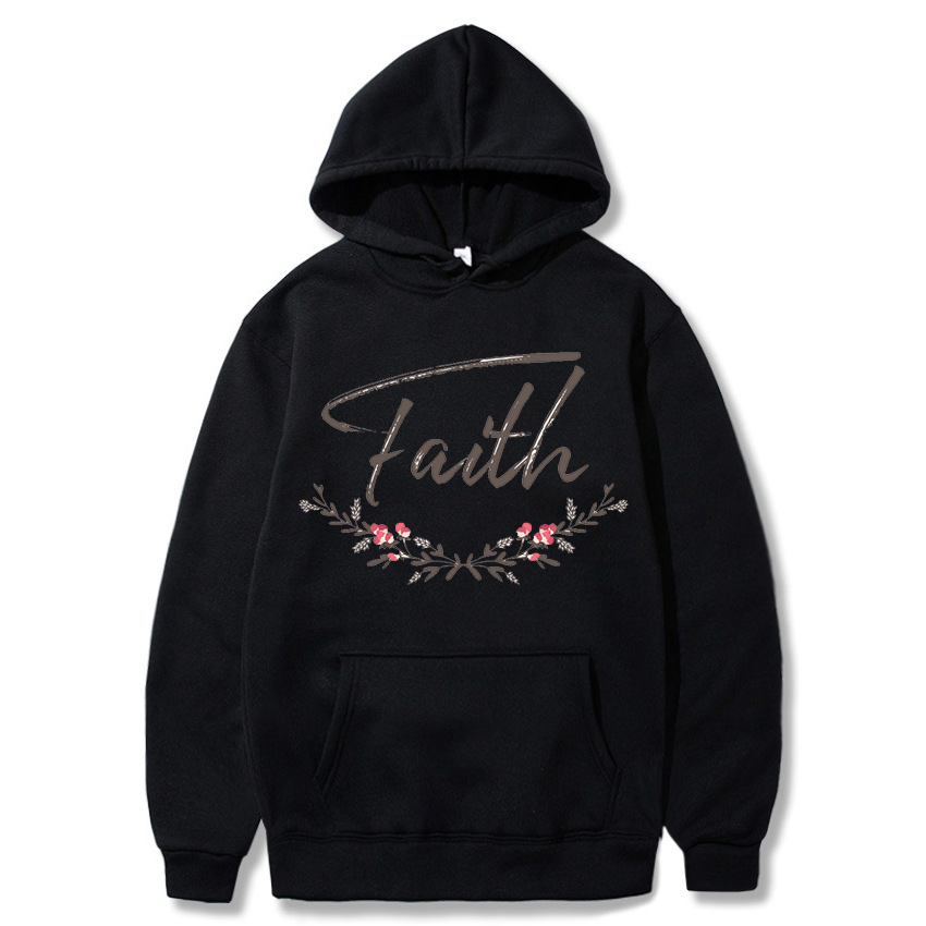 Women’s Flower Faith Jesus Letters Print Hoodies Fashion Design Casual Hooded Tops Warm Autumn and Winter Streetwear Sweatshirt alx