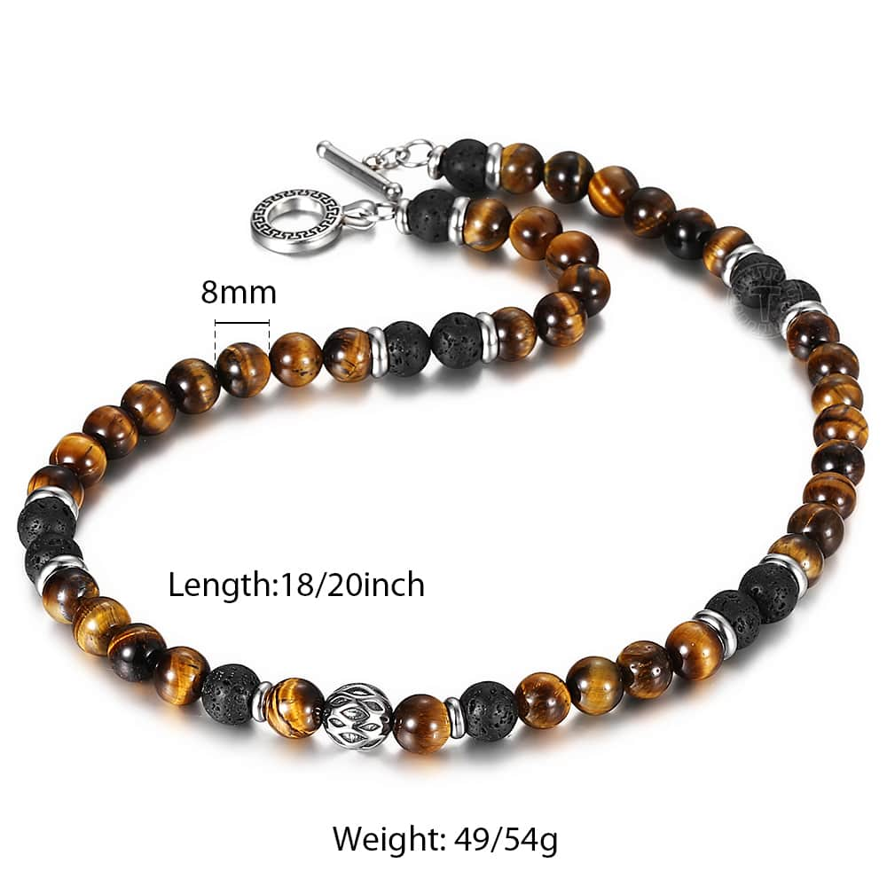 8mm Men’s Unique Natural Tiger Eyes Stone Lava Bead Necklace Stainless Steel Beaded Charm Link Chain Male Jewelry Gift TNB002 alx