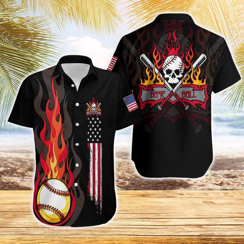 Flame Baseball Skull American Flag Hawaii Shirt For Men Women Ha102992