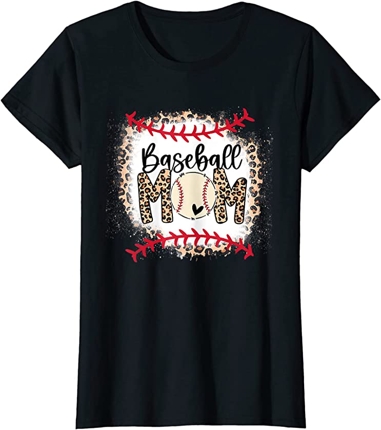 Womens Womens Baseball Mom Game Day Leopard Bleached Mothers Day T-Shirt