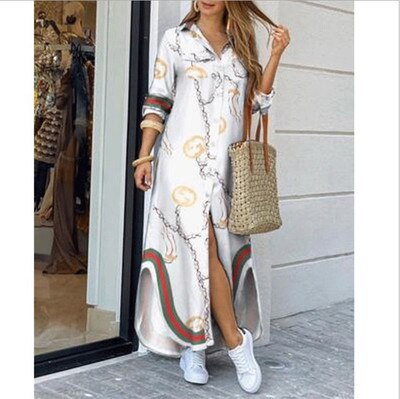 Autumn Long Dress Long Sleeve Shirt Women’s Denim Long Dress Pocket Button Shirt Printing Casual Loose Dress alx