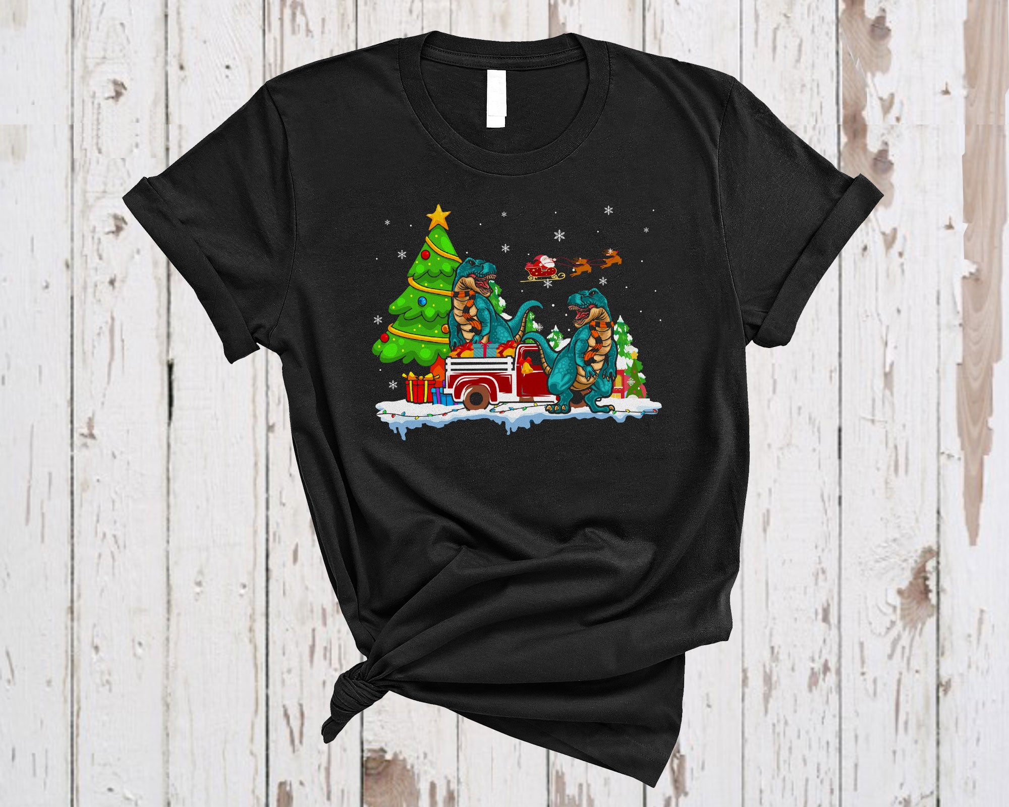 Christmas T-Rex Shirt T-Rex On Red Pickup Truck Funny Christmas Tree Santa Dinosaur Gifts T-Shirt