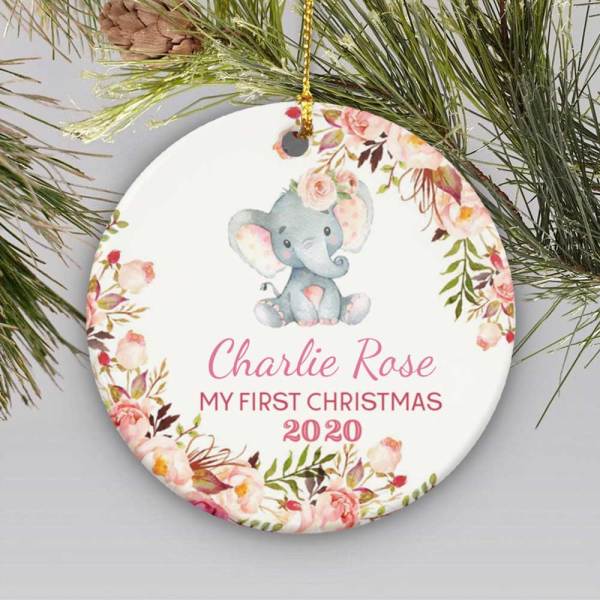 My First Christmas 2020 Cute Elephant And Flowers Customize Ornament – Best Gift For New Baby, New Mom & Dad For Christmas Customize Ceramic Circle Ornament