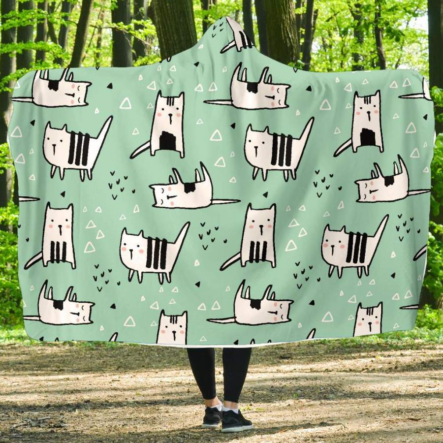 Cat Kitten Pattern Print Hooded Blanket