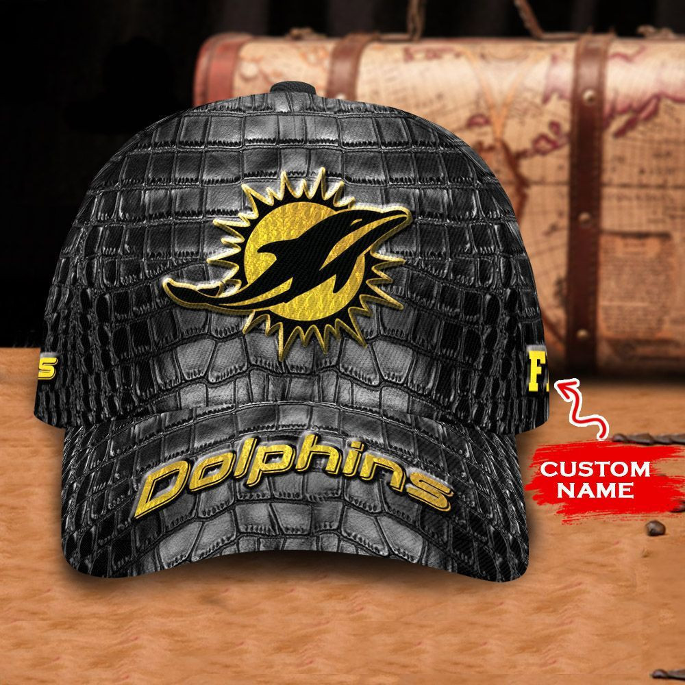 Personalized Miami Dolphins Leather All Over Print 3D Baseball Cap – Black