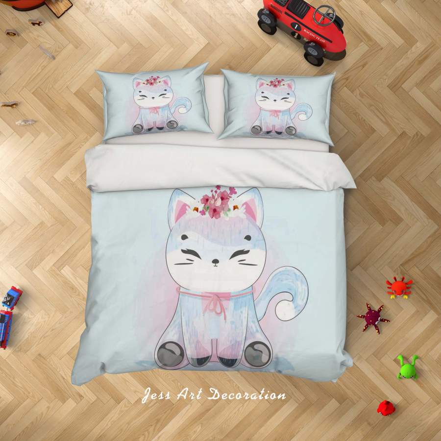 3D Blue Cartoon Cat Kitty Animal Quilt Cover Set Bedding Set Duvet Cover Pillowcases SF73