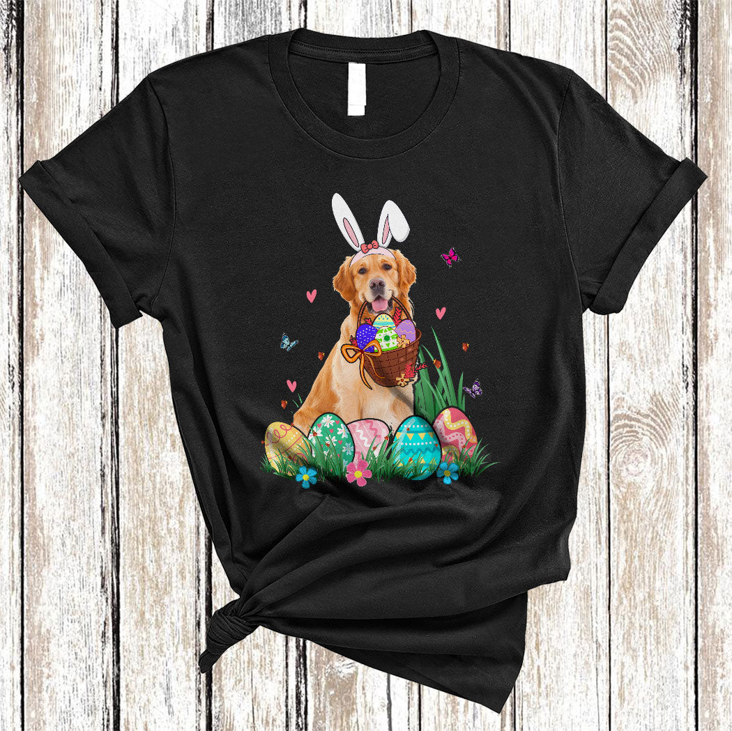 Bunny Golden Retriever With Easter Egg Basket Funny Easter Day Flower Egg Hunt Dog Lover T-Shirt