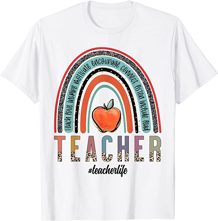 Teacher Cute Teachers Rainbow Leopard Apples Teacher Life T-Shirt