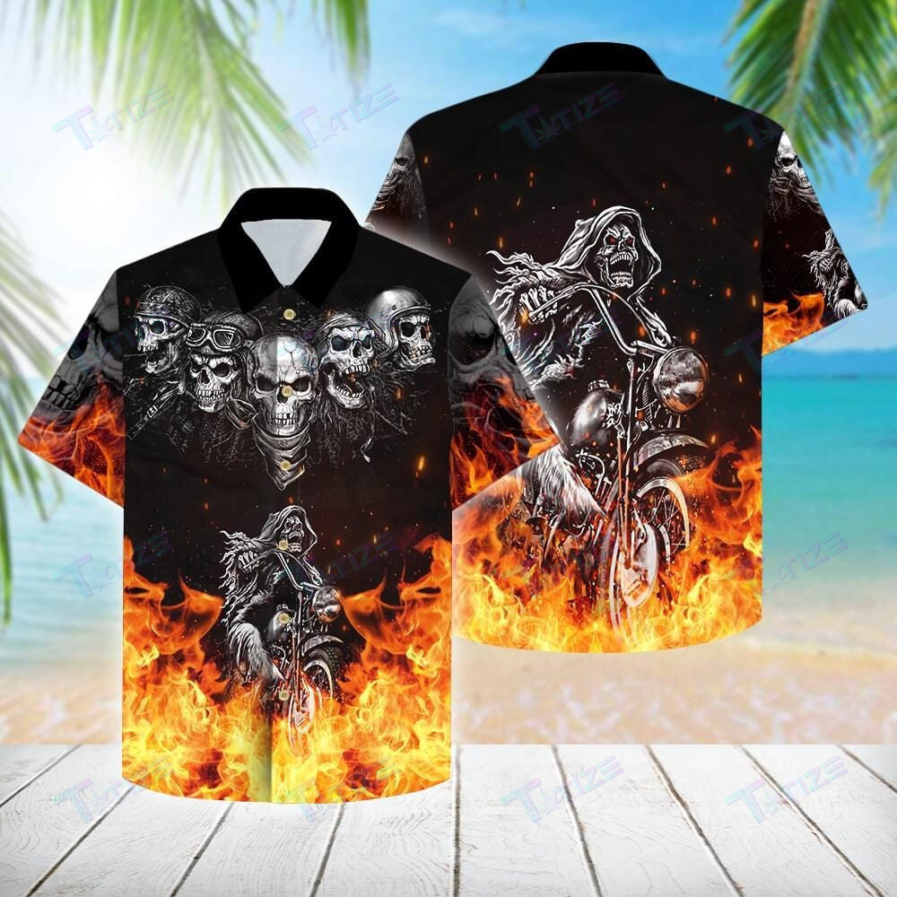 Grim Reaper Riding Motorcycles Flame Skulls All Over Printed Hawaii Shirt Size S Ha103496