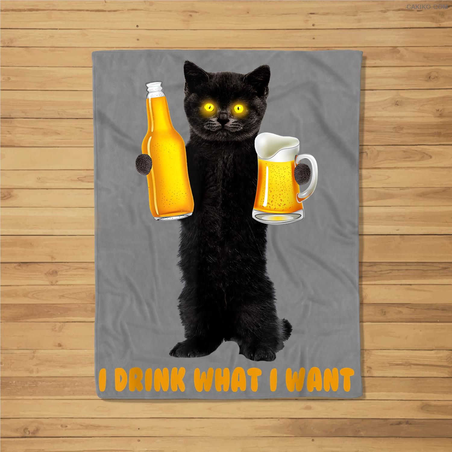I Drink What I Want Funny Black Cat Holds Beer Drinking Team Fleece Blanket