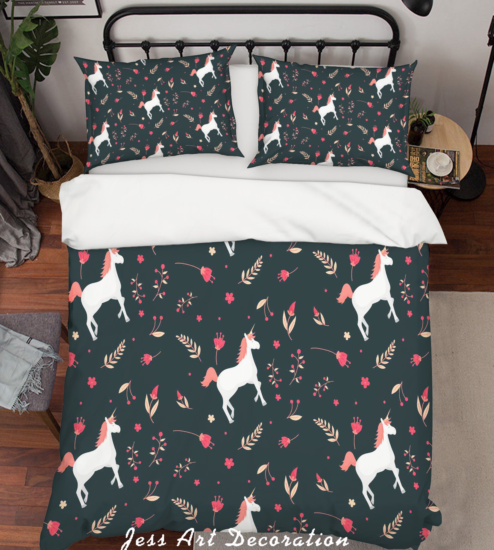 3D Black Unicorn Floral Quilt Cover Set Bedding Set Pillowcases 77