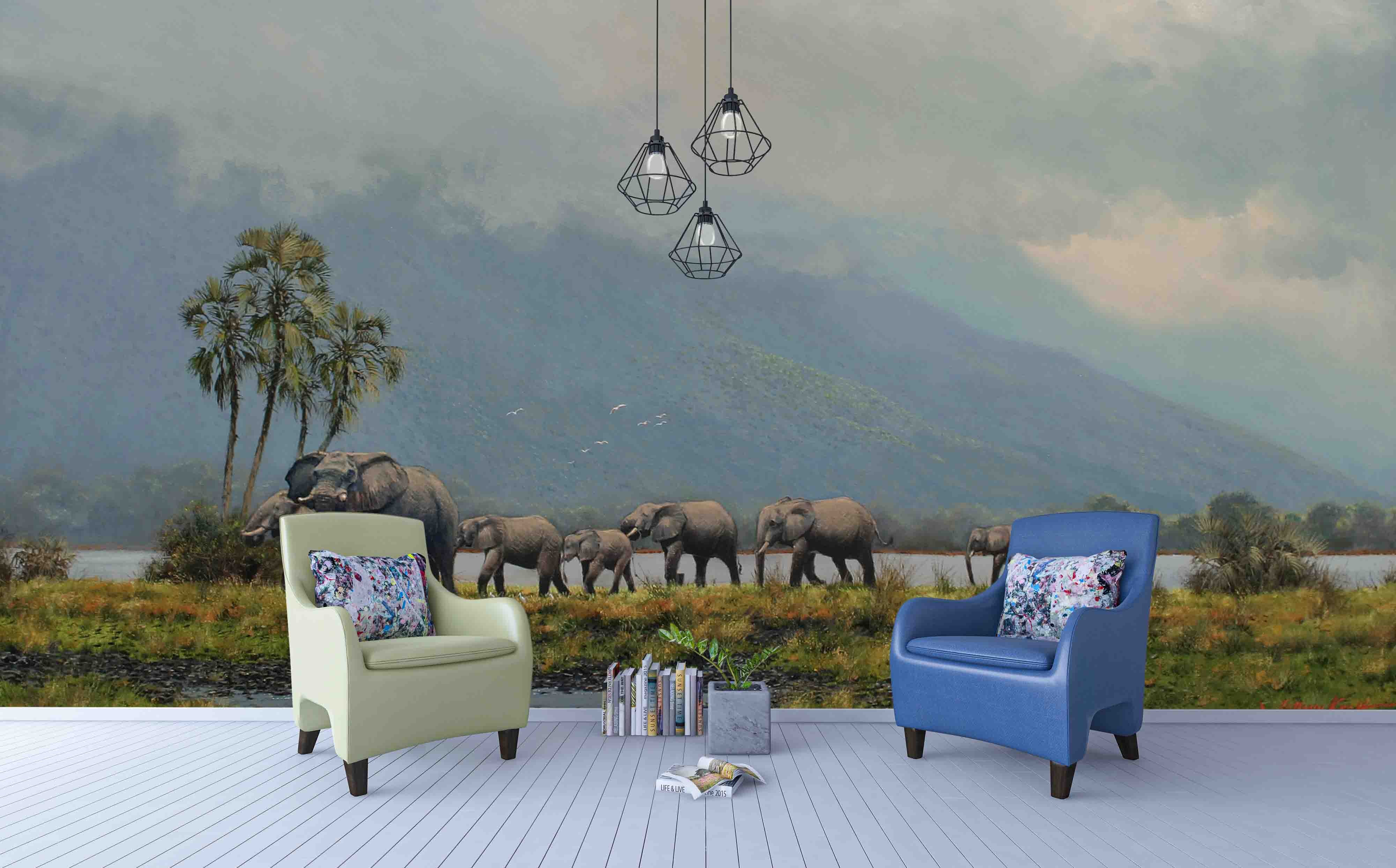 3D Realistic Mountain Grassland Elephant Animal Wall Mural Wallpaper Lxl 1630