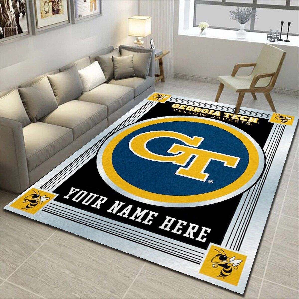 GA Tech Yellow Jackets Personalized Rug, Team Living Room Bedroom Carpet, Customized Man Cave Floor Mat