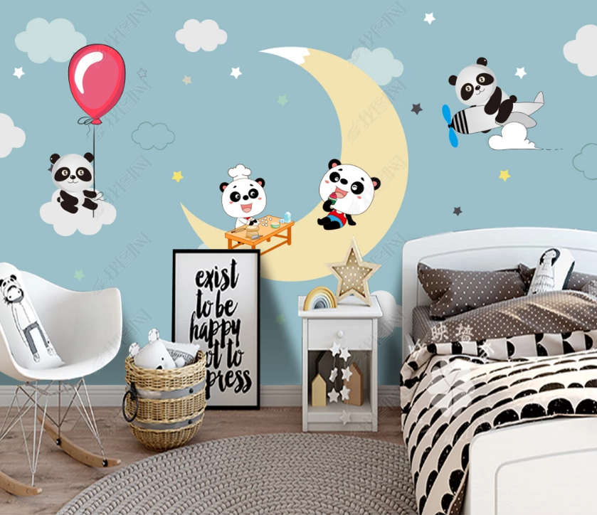 3D Cartoon Animal Panda Sky Cloud Moon Wall Mural Wallpaper Lqh 29