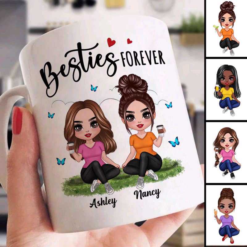 Butterflies Doll Women Sitting Friends Sisters Besties Forever Personalized Mug