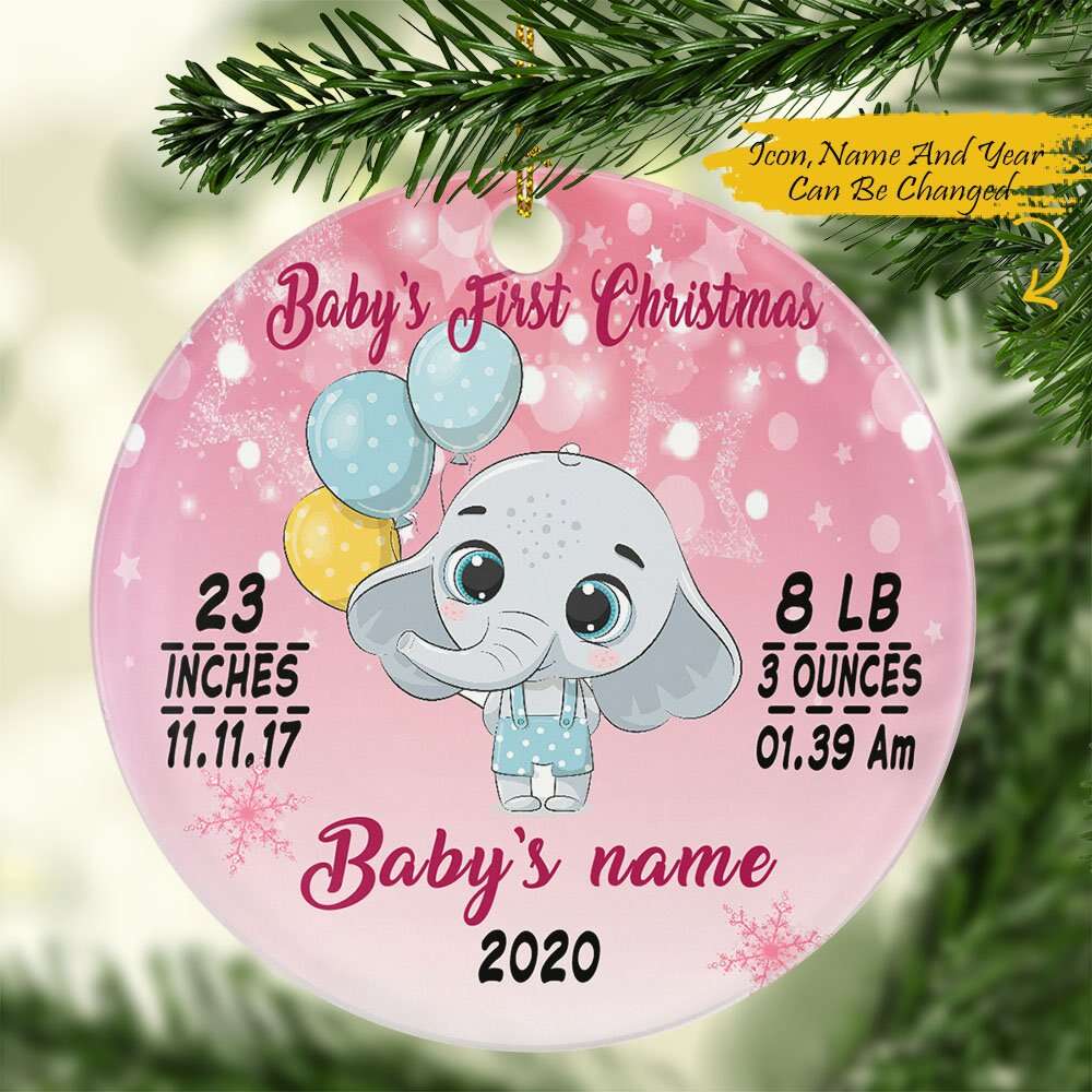 Personalized Elephant Baby First Christmas – Circle Ornament