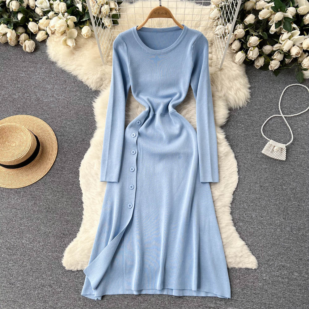 SINGREINY Split Women Knit Dress Long Sleeve Solid O Neck Casual Slim French Style Ladies Winter A Line Sweater Long Dresses alx