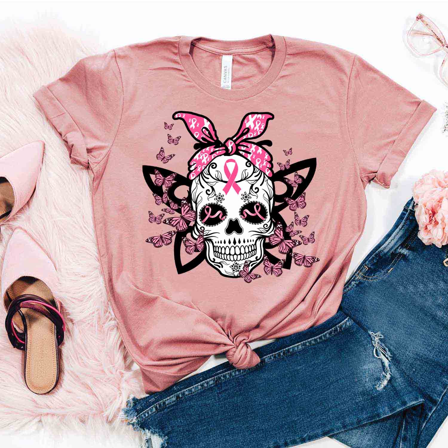 Calavera Skull Tattoo Shirt – Breast Cancer Awareness T-Shirt Gifts For Mom Daughter Friends Hoodies Sweater Pink