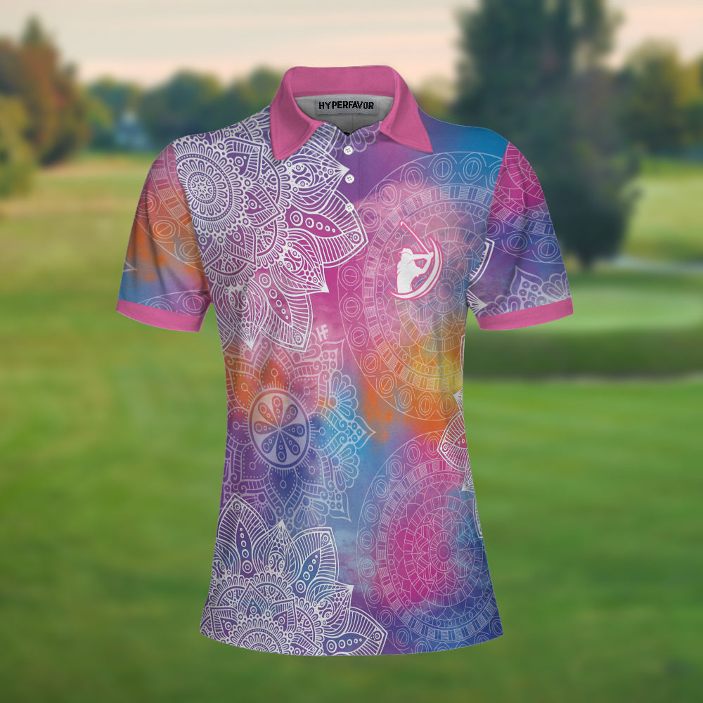 Pink Abstract Mandala Pattern Girl Golf Short Sleeve Women Polo Shirt, Colorful Golf Shirt For Ladies Coolspod