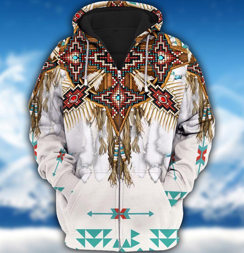 Native American Pattern White 3D Zipper Hoodie