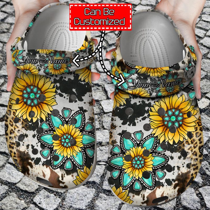 Sunflower Print – Personalized Cowhide Gemstone Sunflower Clog Shoes For Men And Women