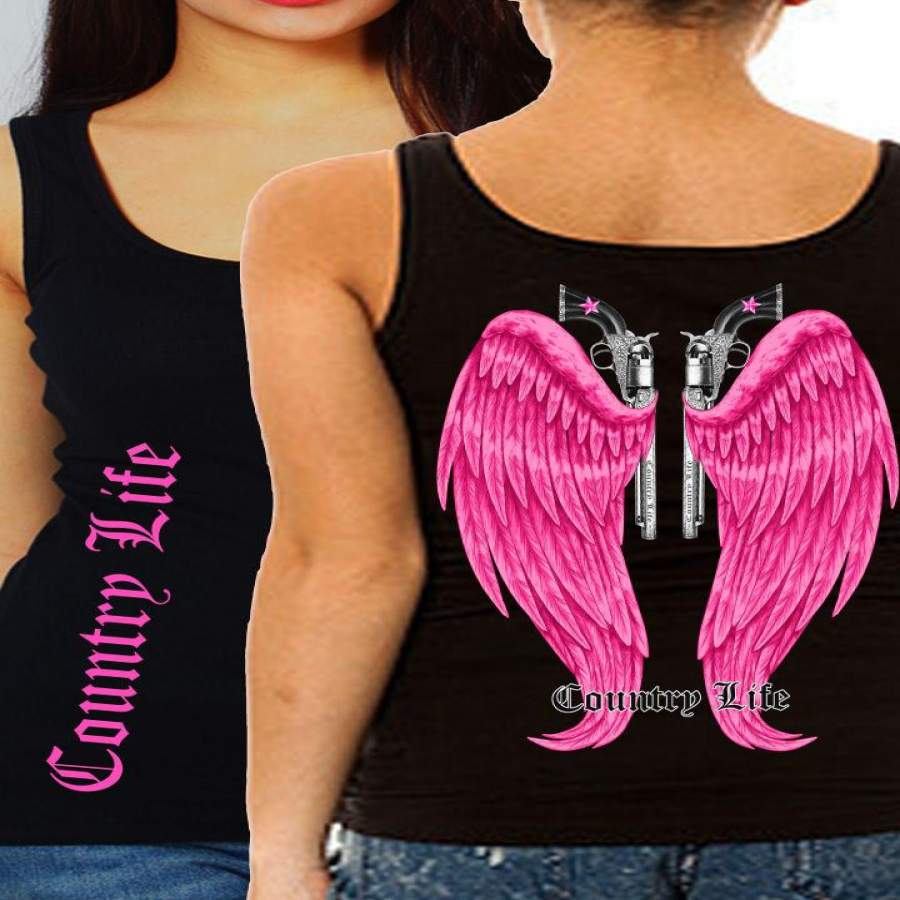 Country Life Outfitters Black & Pink Wings Guns Vintage Girlie Bright Fitted Tank Top Shirt