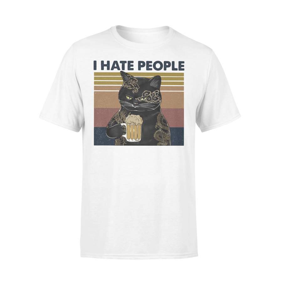 Cat Tattoo Beer I Hate People Vintage Retro T-shirt
