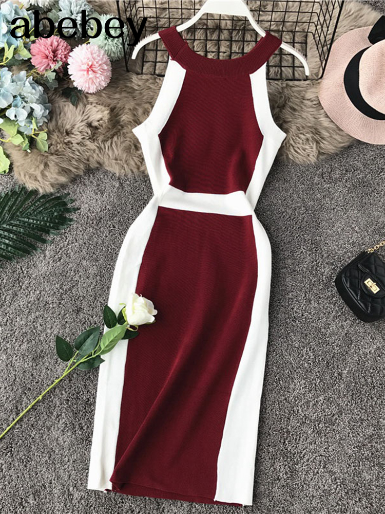 2022 Casual Women Dress Knitted O Neck Sleeveless White Stripe Side Elegant Midi Dresses Bodycon Female Vestidos alx