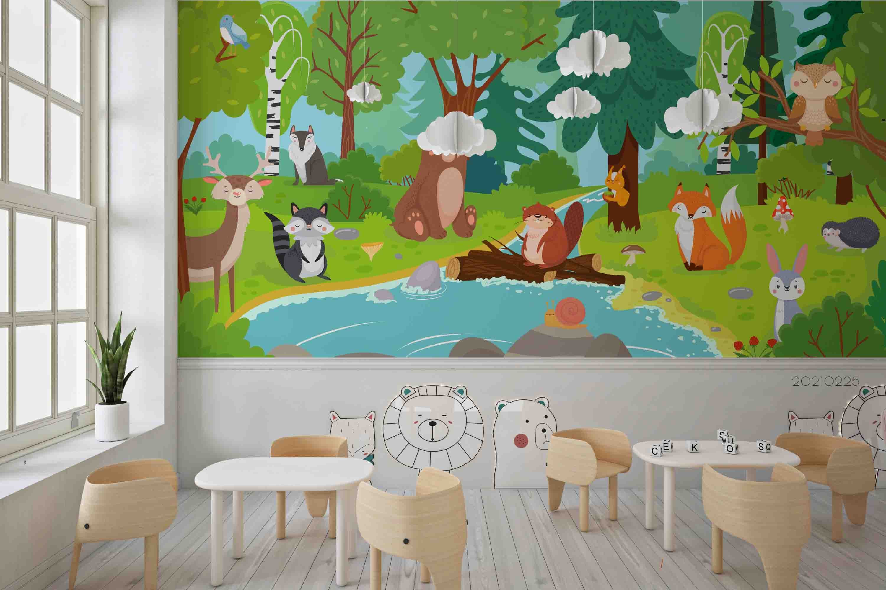 3D Cartoon Forest Pond Animal Wall Mural Wallpaper Lqh 177