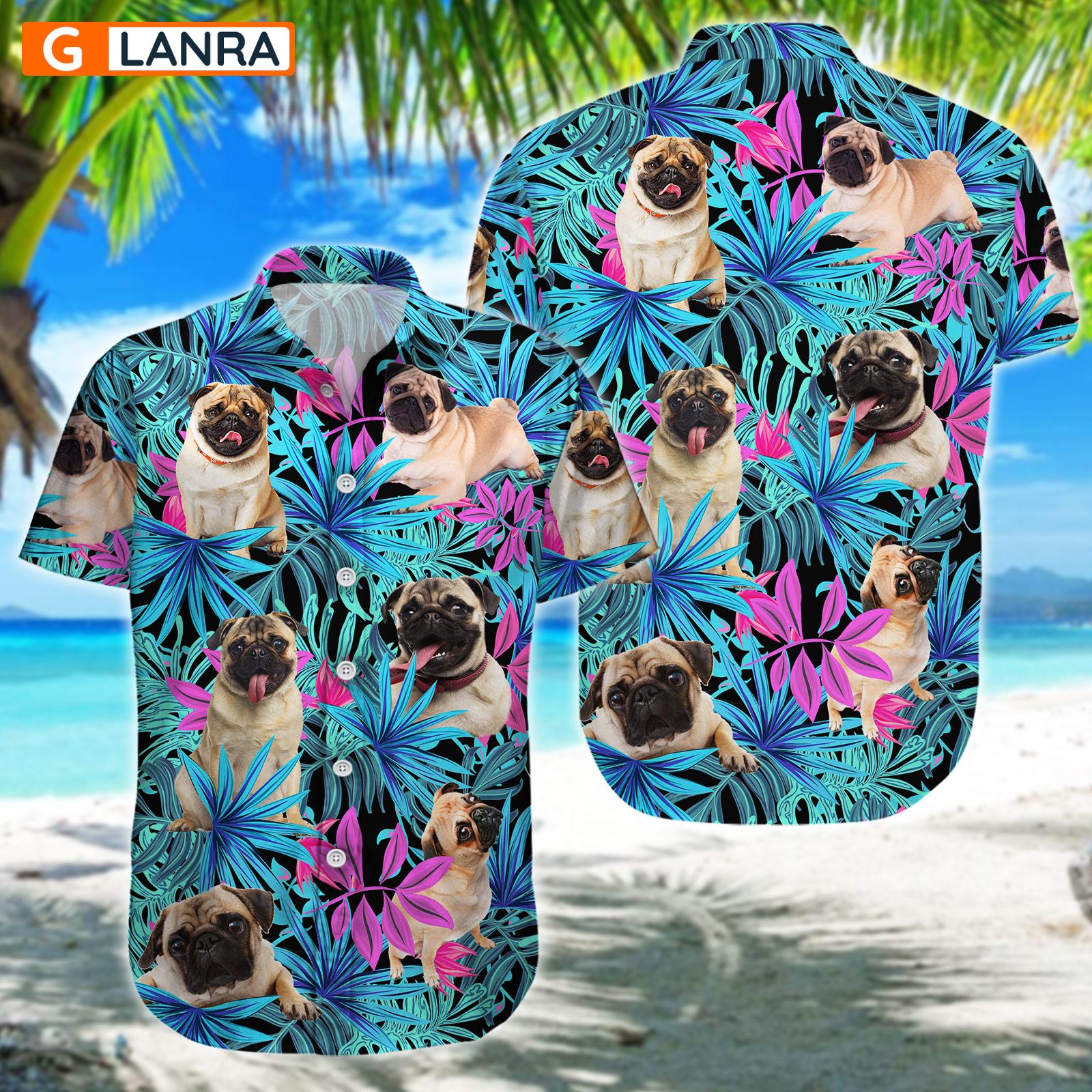 Pug Dog Palm Leaves Button Shirt, Pug Dog Button Shirt, Summer Pug Dog Hawaiian Shirt, Dog Leaf Hawaiian Shirt, Summer Tropical Shirt